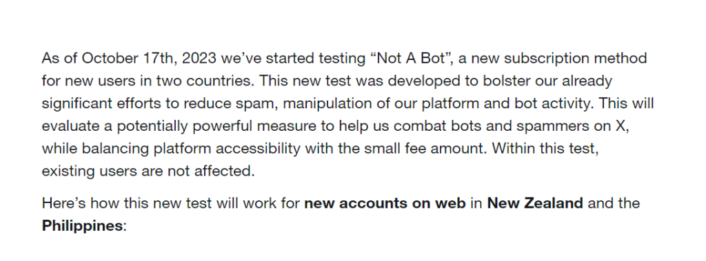 Zrzut ekranu ogłoszenia platformy X  o wprowadzeniu programu not a robot