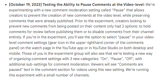 Zrzut ekranu ogłoszenia wyjaśniającego na czym polega blokowanie przyszłych komentarzy w serwisie YouTube