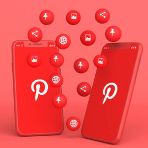 Dwa telefony z logo aplikacji Pinterest z czerwonymi ikonami dookoła, na czerwonym tle