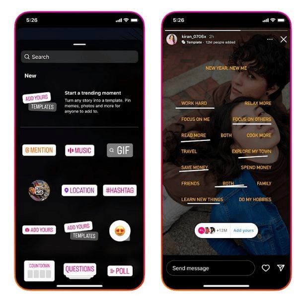 Zrzut ekranu z nowymi opcjami funkcji Dodaj swoje w aplikacji Instagram
