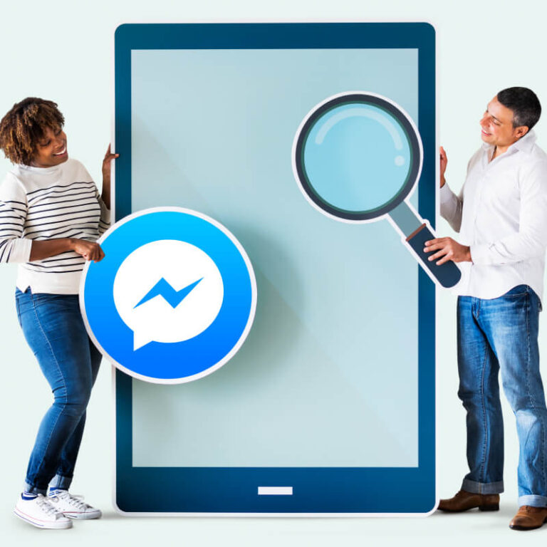 Dwie osoby z grafiką tabletu, lupy i logo aplikacji Messenger