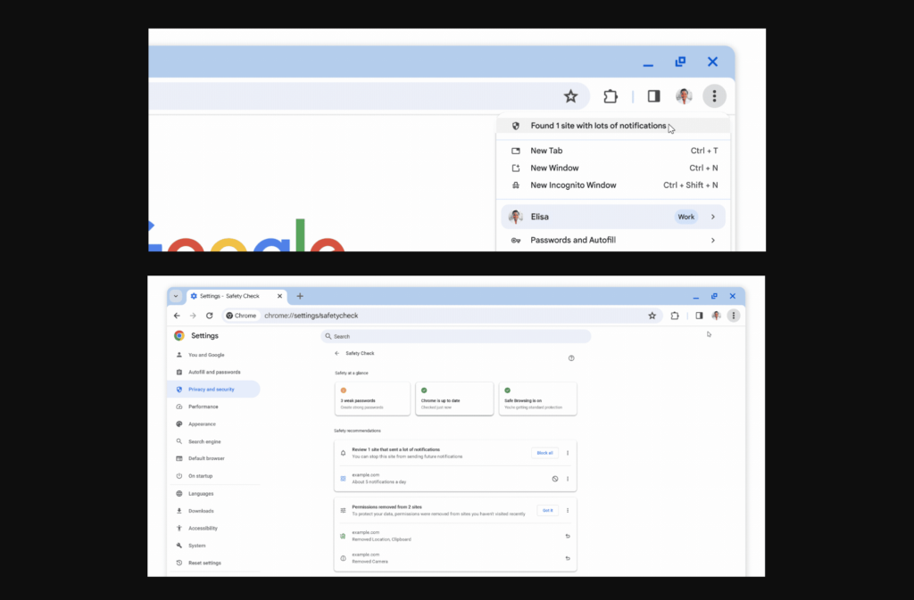 Zrzut ekranu przedstawiający aktualizację Safety Check w Google Chrome