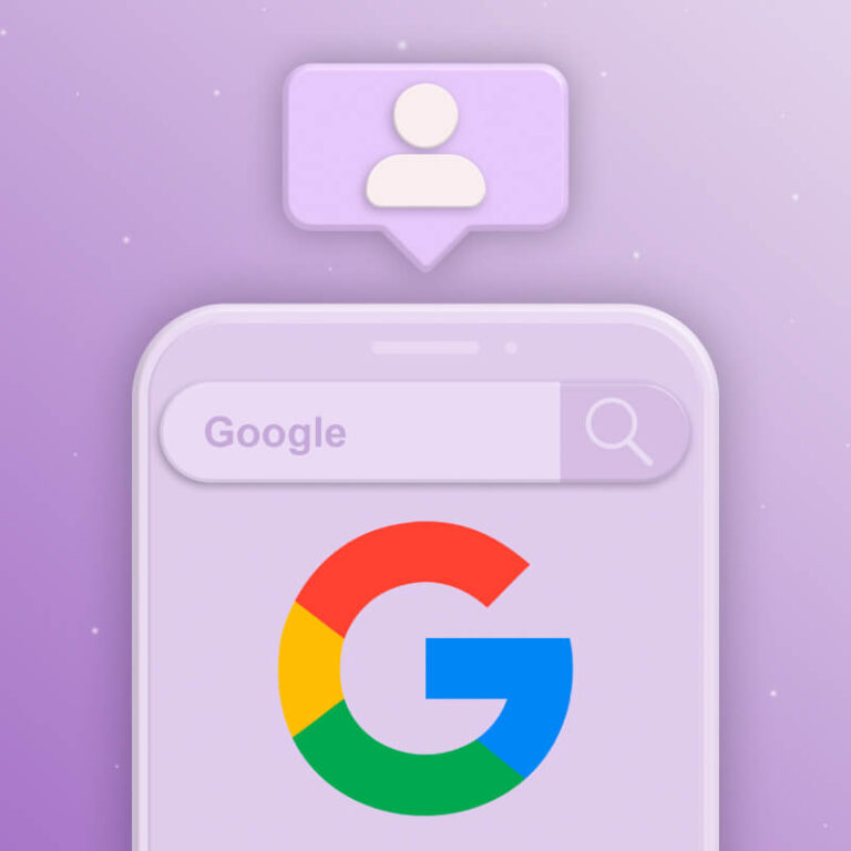 Grafika przedstawiająca logo Google na zarysie telefonu, na fioletowym tle